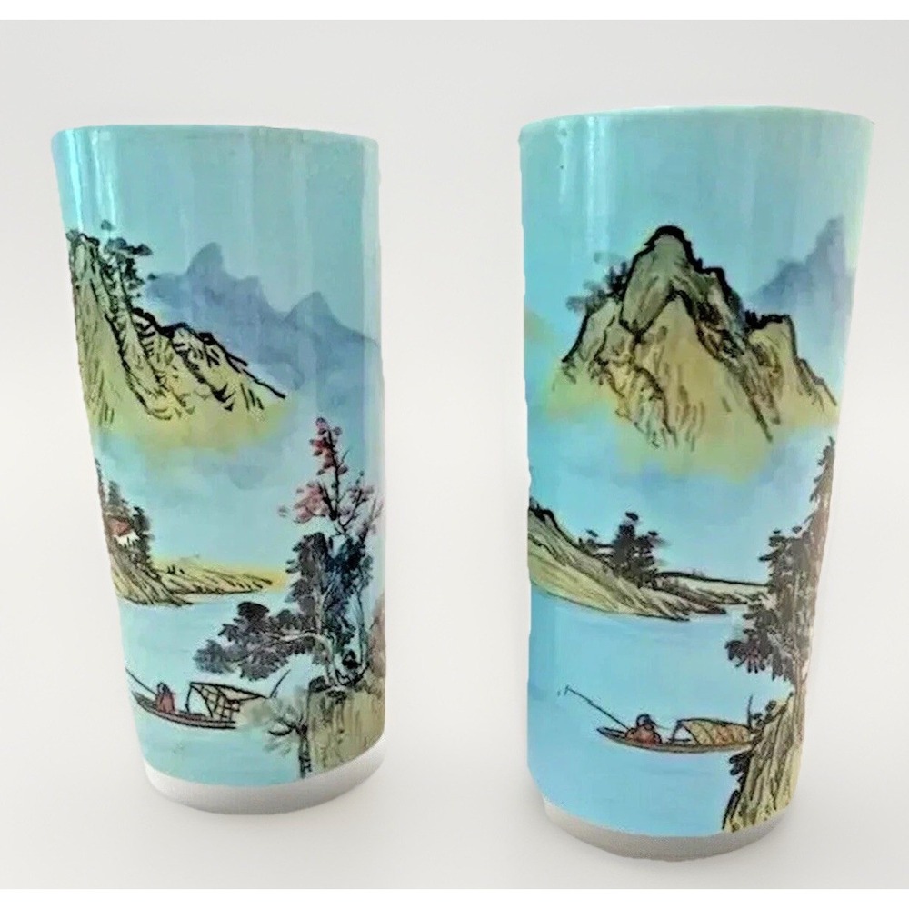 VTG Taiwan ROC Porcelain Brush Pot Scroll Cylinders Painted Turquoise Pair BOHO